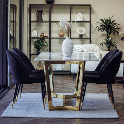 Luxury  Loki 1.8m Gold Dining Set Cream Sintered Stone Table With Bjorn Black Velvet Chairs