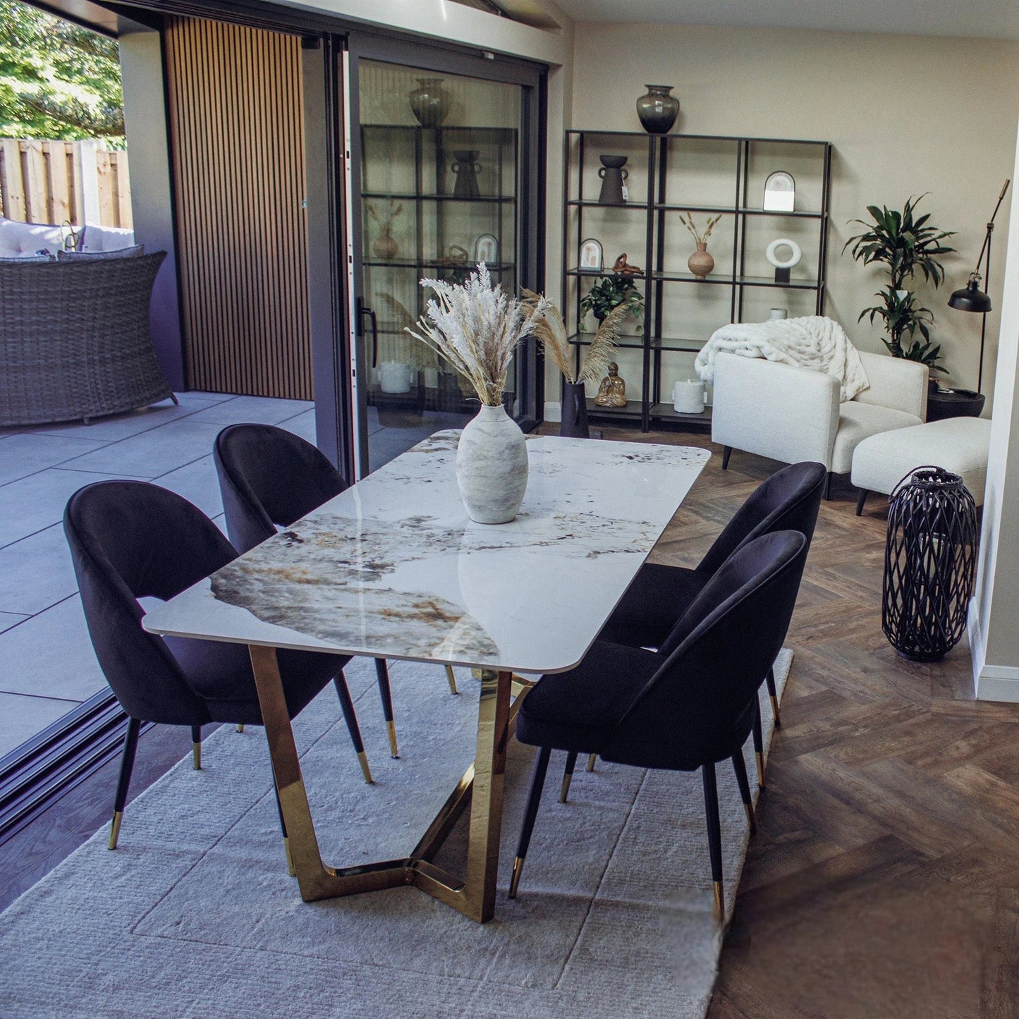 Luxury  Loki 1.8m Gold Dining Set Cream Sintered Stone Table With Bjorn Black Velvet Chairs