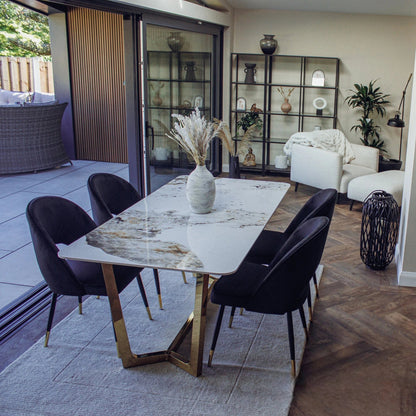 Luxury  Loki 1.8m Gold Dining Set Cream Sintered Stone Table With Bjorn Black Velvet Chairs