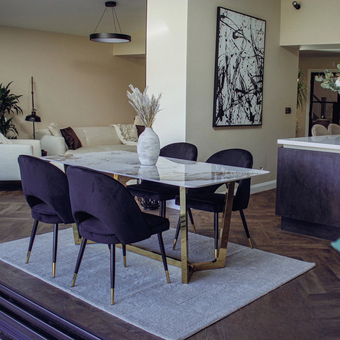 Luxury  Loki 1.8m Gold Dining Set Cream Sintered Stone Table With Bjorn Black Velvet Chairs