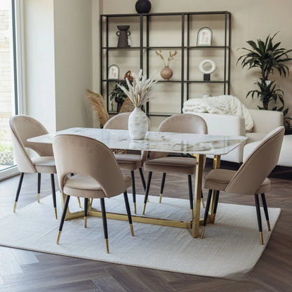 Luxury Loki 1.8m Gold Dining Set Cream Sintered Stone Table With Bjorn Champagne Velvet Chairs