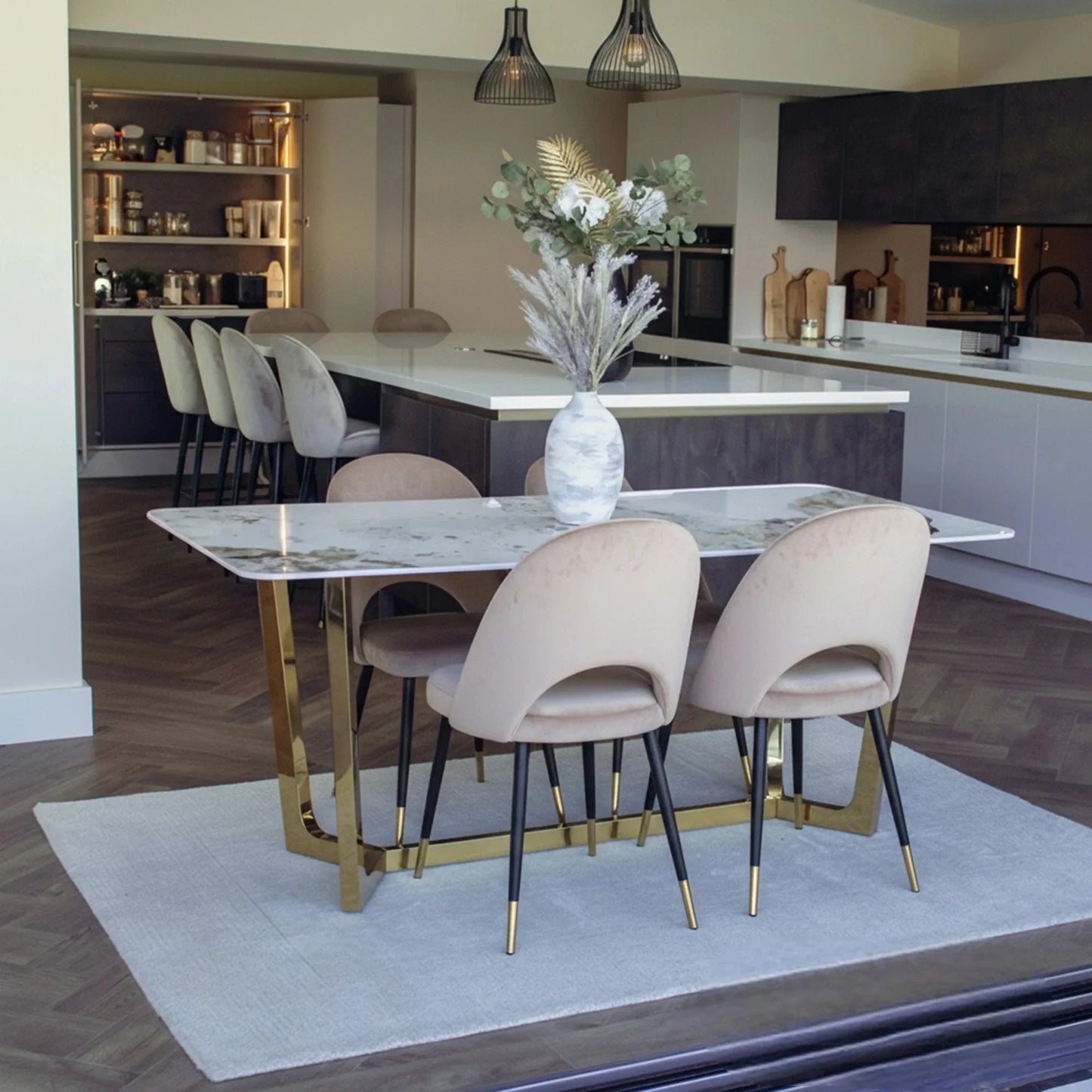 Luxury Loki 1.8m Gold Dining Set Cream Sintered Stone Table With Bjorn Champagne Velvet Chairs