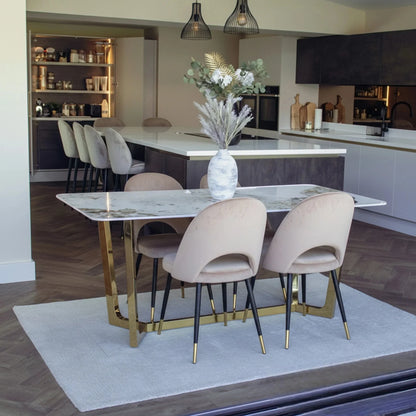 Luxury Loki 1.8m Gold Dining Set Cream Sintered Stone Table With Bjorn Champagne Velvet Chairs