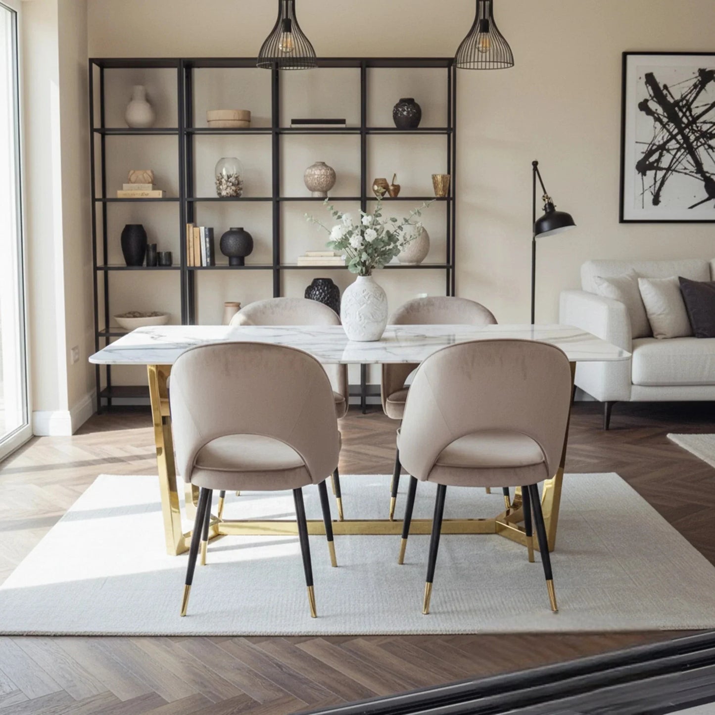 Luxury Loki 1.8m Gold Dining Set Cream Sintered Stone Table With Bjorn Champagne Velvet Chairs