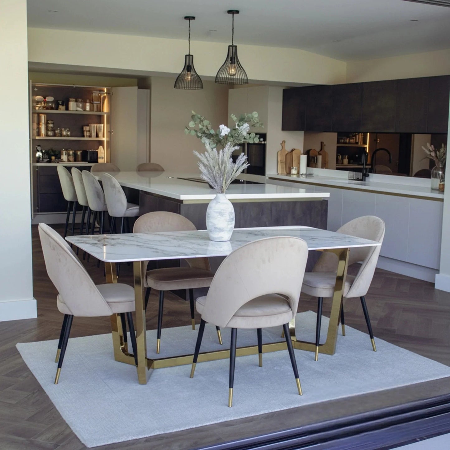 Luxury Loki 1.8m Gold Dining Set Cream Sintered Stone Table With Bjorn Champagne Velvet Chairs