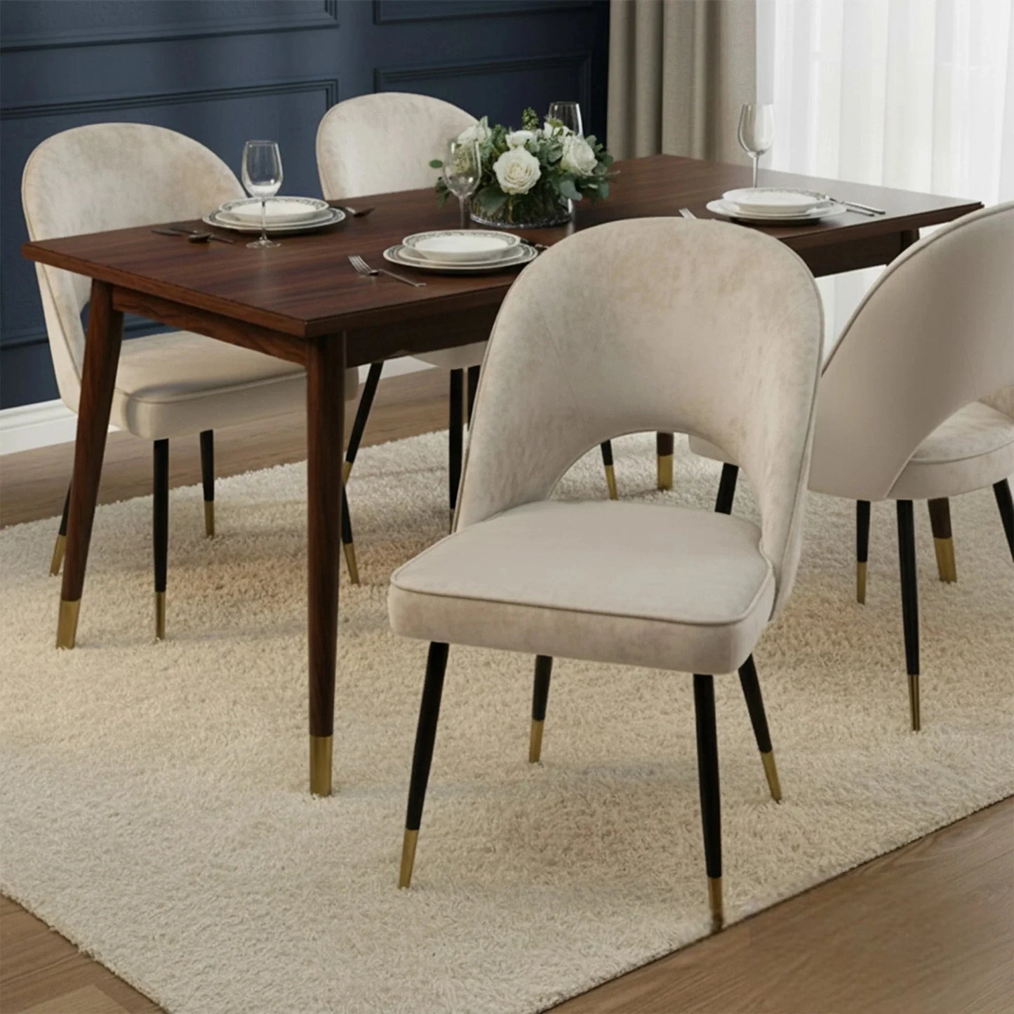 Luxury Loki 1.8m Gold Dining Set Cream Sintered Stone Table With Bjorn Champagne Velvet Chairs
