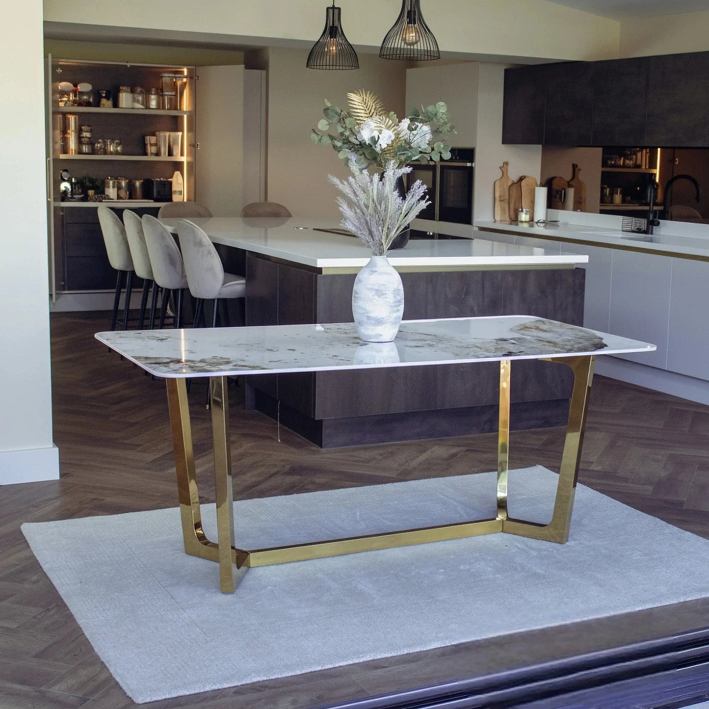 Luxury Loki 1.8m Gold Dining Set Cream Sintered Stone Table With Bjorn Champagne Velvet Chairs