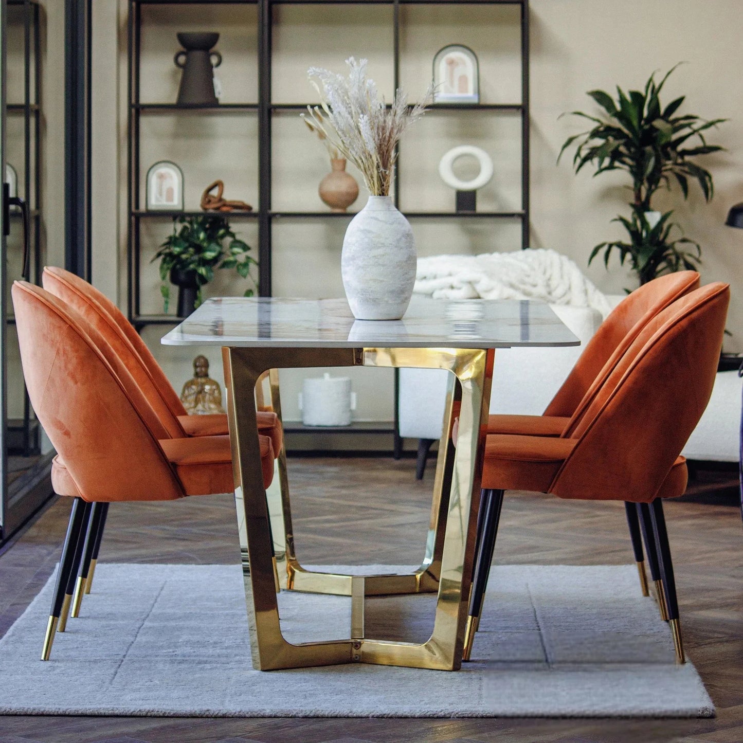 Luxury  Loki 1.8m Gold Dining Set Cream Sintered Stone Table With Bjorn Rust Velvet Chairs