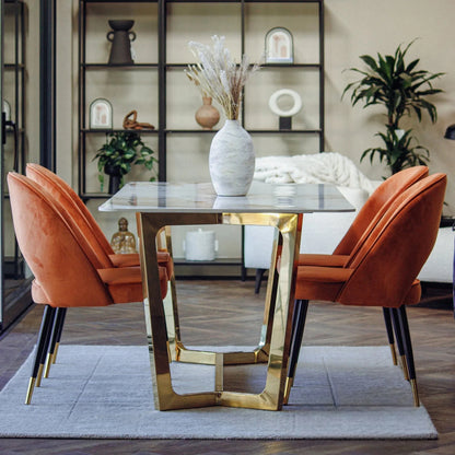 Luxury  Loki 1.8m Gold Dining Set Cream Sintered Stone Table With Bjorn Rust Velvet Chairs
