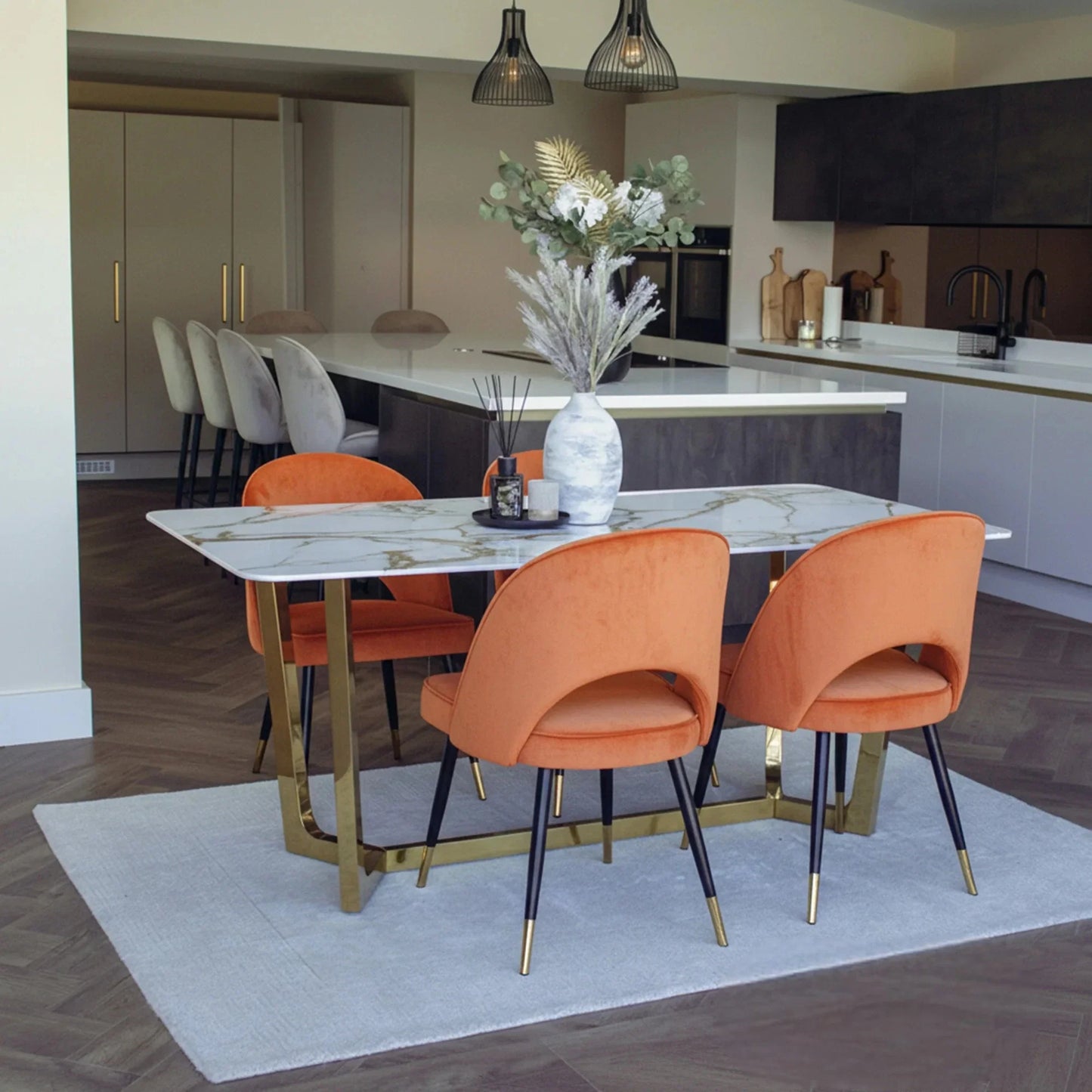 Luxury  Loki 1.8m Gold Dining Set Cream Sintered Stone Table With Bjorn Rust Velvet Chairs