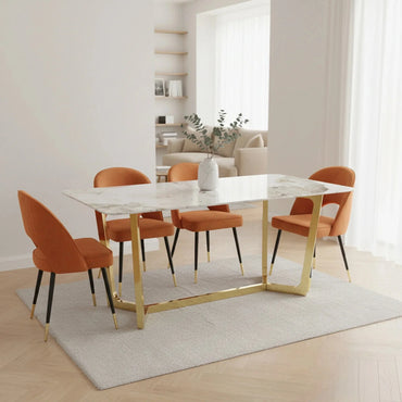 Luxury  Loki 1.8m Gold Dining Set Cream Sintered Stone Table With Bjorn Rust Velvet Chairs
