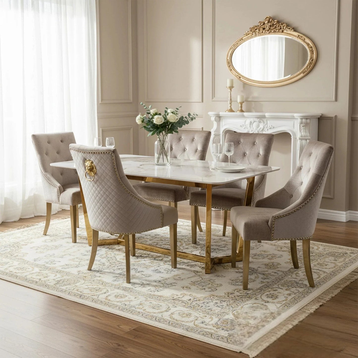 Luxury Loki 1.8m Gold Dining Set Cream Sintered Stone Table With Henrik Beige Velvet Chairs