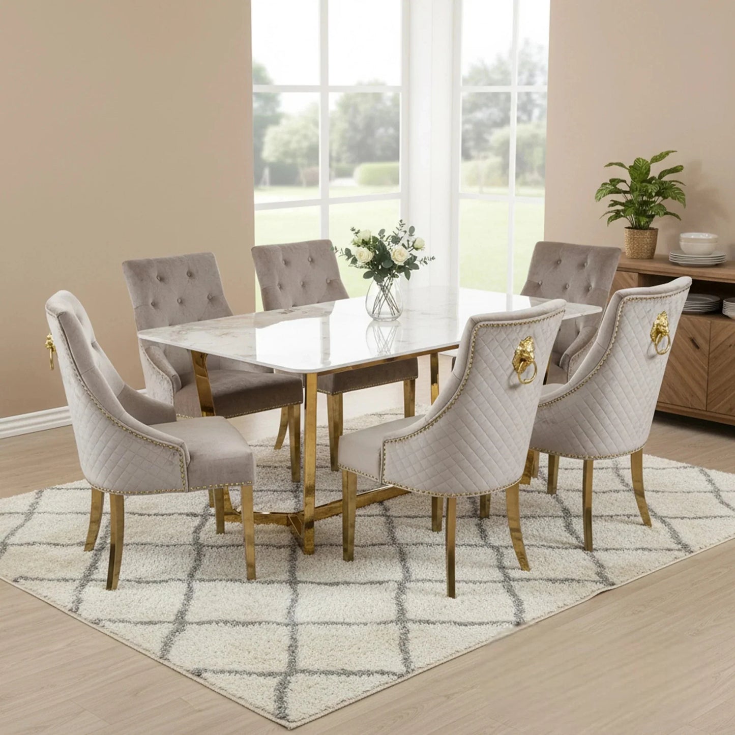 Luxury Loki 1.8m Gold Dining Set Cream Sintered Stone Table With Henrik Beige Velvet Chairs