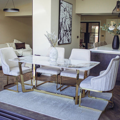 Luxury Loki 1.8m Rectangular Gold Dining Set Cream Sintered Stone Table With Olivia Velvet Chairs