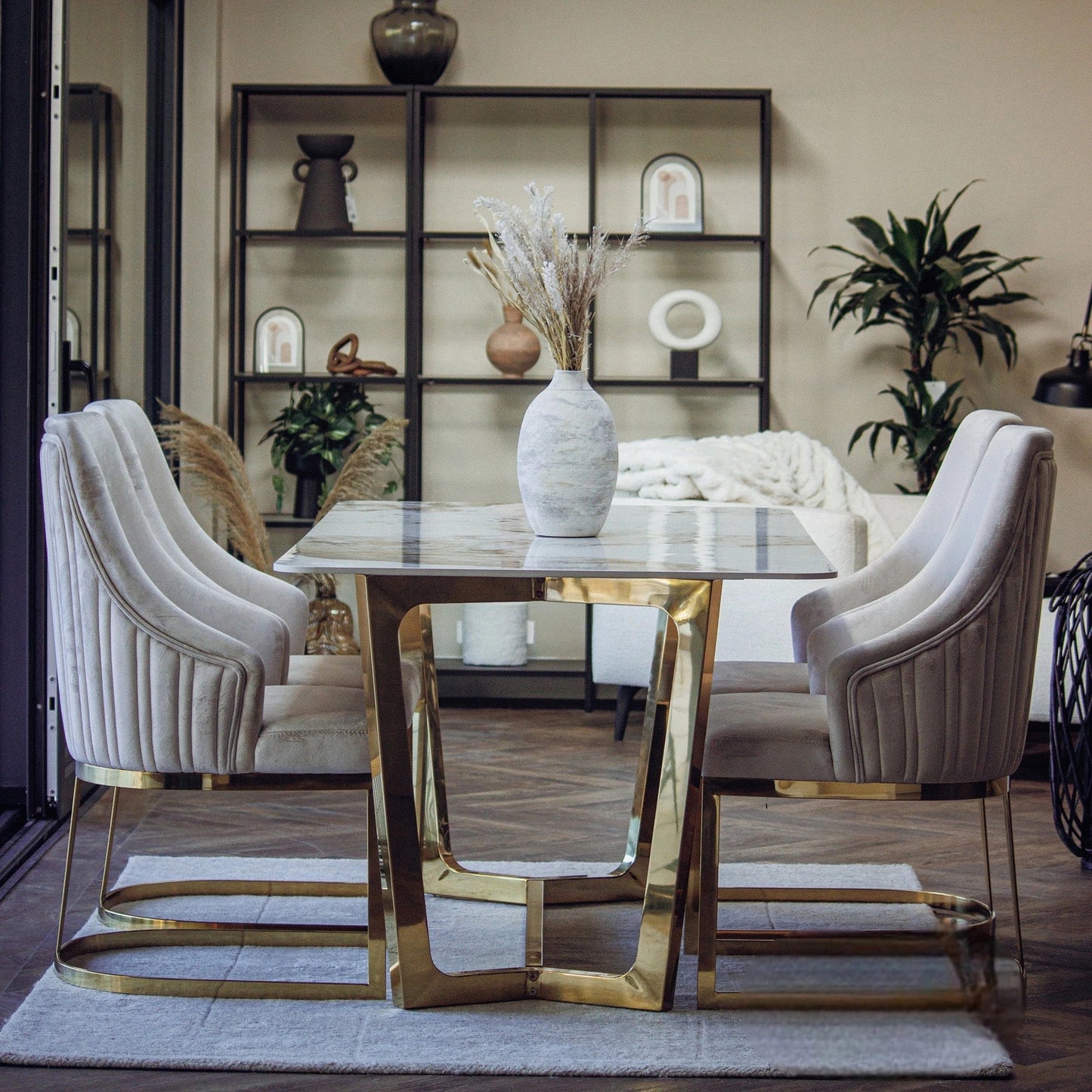 Luxury Loki 1.8m Rectangular Gold Dining Set Cream Sintered Stone Table With Olivia Velvet Chairs
