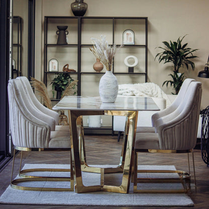 Luxury Loki 1.8m Rectangular Gold Dining Set Cream Sintered Stone Table With Olivia Velvet Chairs