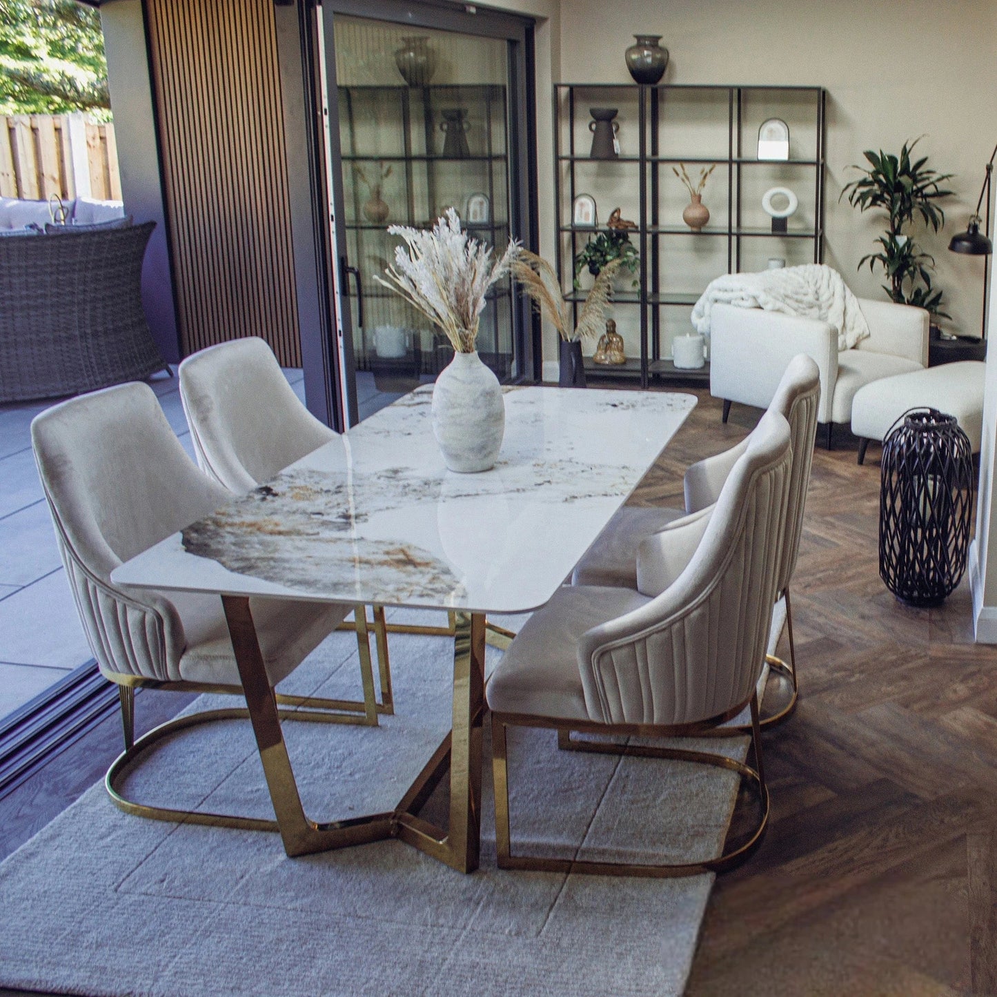 Luxury Loki 1.8m Rectangular Gold Dining Set Cream Sintered Stone Table With Olivia Velvet Chairs