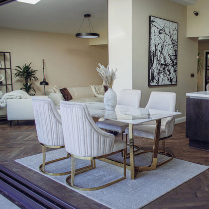 Luxury Loki 1.8m Rectangular Gold Dining Set Cream Sintered Stone Table With Olivia Velvet Chairs