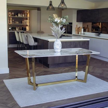 Luxury Loki 180cm Cream Sintered Stone Dining Table With Gold Y-Leg Stand