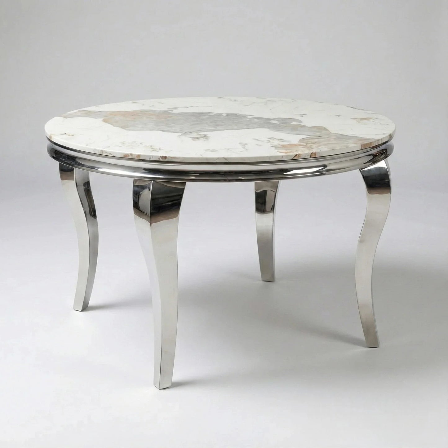Luxury Lorens 1.3m Round Chrome Dining Set Cream Marble Table With 4 Bjorn Beige Velvet Chairs