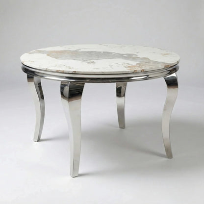 Luxury Lorens 1.3m Round Chrome Dining Set Cream Marble Table With 4 Bjorn Beige Velvet Chairs