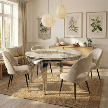 Luxury Lorens 1.3m Round Chrome Dining Set Cream Marble Table With 4 Bjorn Beige Velvet Chairs