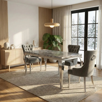 Luxury Lorens 1.5m Light Grey Marble Dining Set Table With Megan Ring Knocker Velvet Chairs