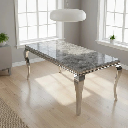 Luxury  Lorens 1.5m Light Grey Marble Dining Set Table With Oskar Button Back Velvet Chairs