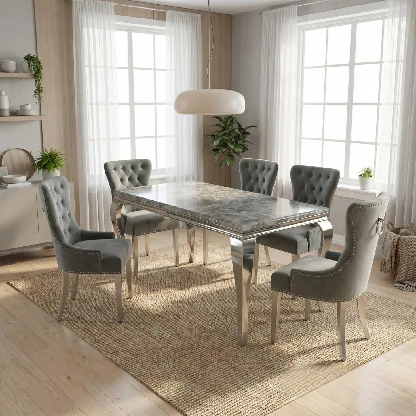 Luxury Lorens 1.5m Light Grey Marble Dining Set Table With Megan Ring Knocker Velvet Chairs
