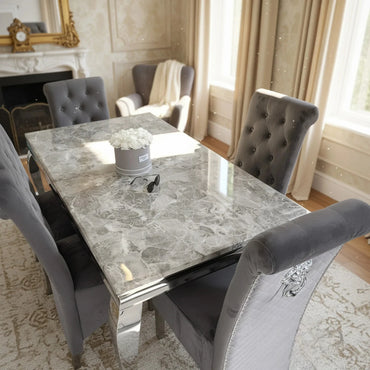 Luxury Lorens 1.5m Light Grey Marble Dining Set Table With  Einar Grey Velvet Chairs