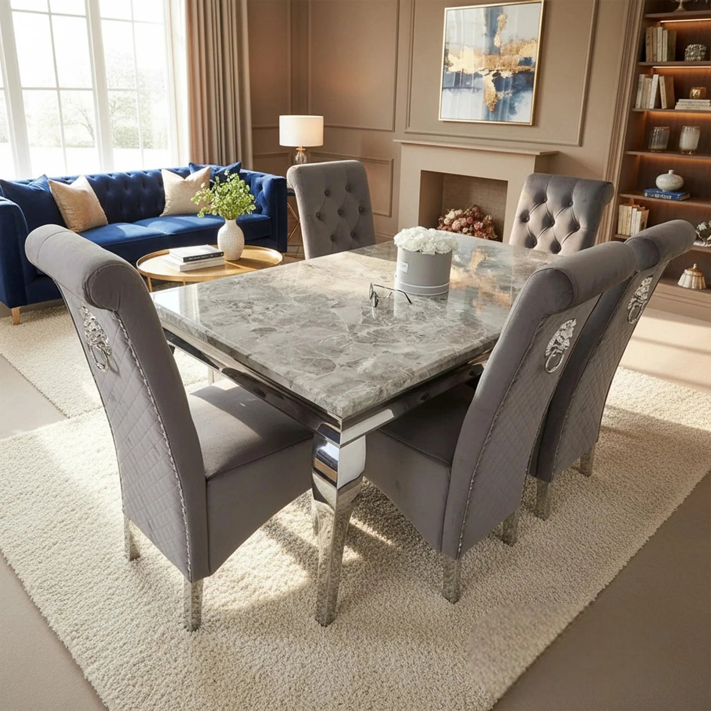 Luxury Lorens 1.5m Light Grey Marble Dining Set Table With  Einar Grey Velvet Chairs