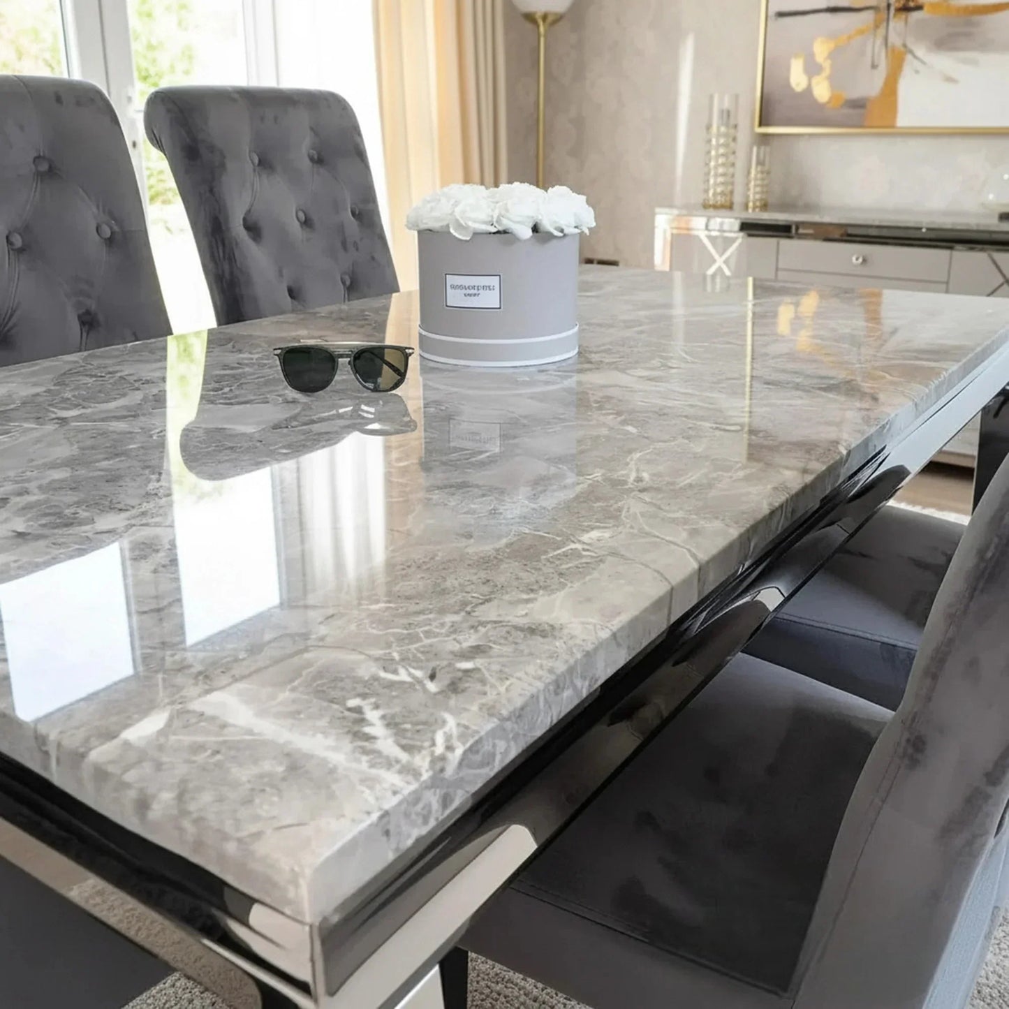 Luxury Lorens 1.5m Light Grey Marble Dining Set Table With  Einar Grey Velvet Chairs