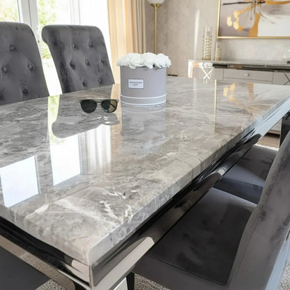 Luxury Lorens 1.5m Light Grey Marble Dining Set Table With  Einar Grey Velvet Chairs