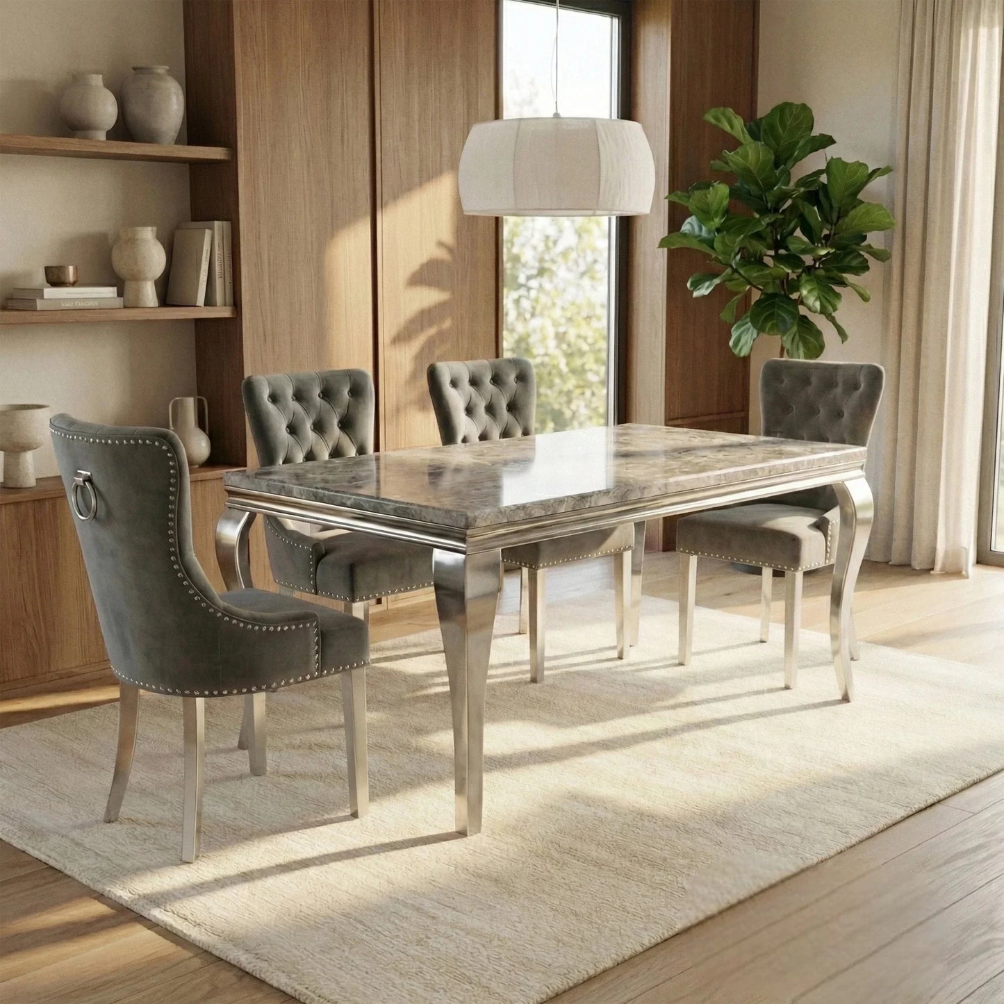 Luxury Lorens 1.8m Light Grey Marble Chrome Dining Set Table With Megan Dark Grey Velvet Chairs