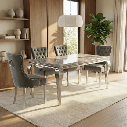 Luxury Lorens 1.8m Light Grey Marble Chrome Dining Set Table With Megan Dark Grey Velvet Chairs