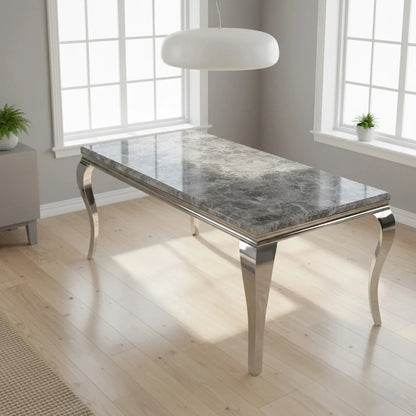 Luxury Lorens 1.8m Light Grey Marble Chrome Dining Set Table With Megan Dark Grey Velvet Chairs