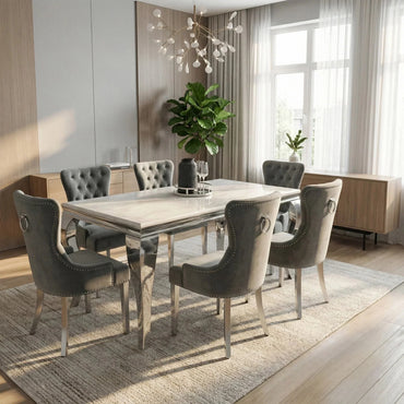 Luxury  Lorens 1.8m White Marble Chrome Dining Set Table With Megan Dark Grey Velvet Chairs