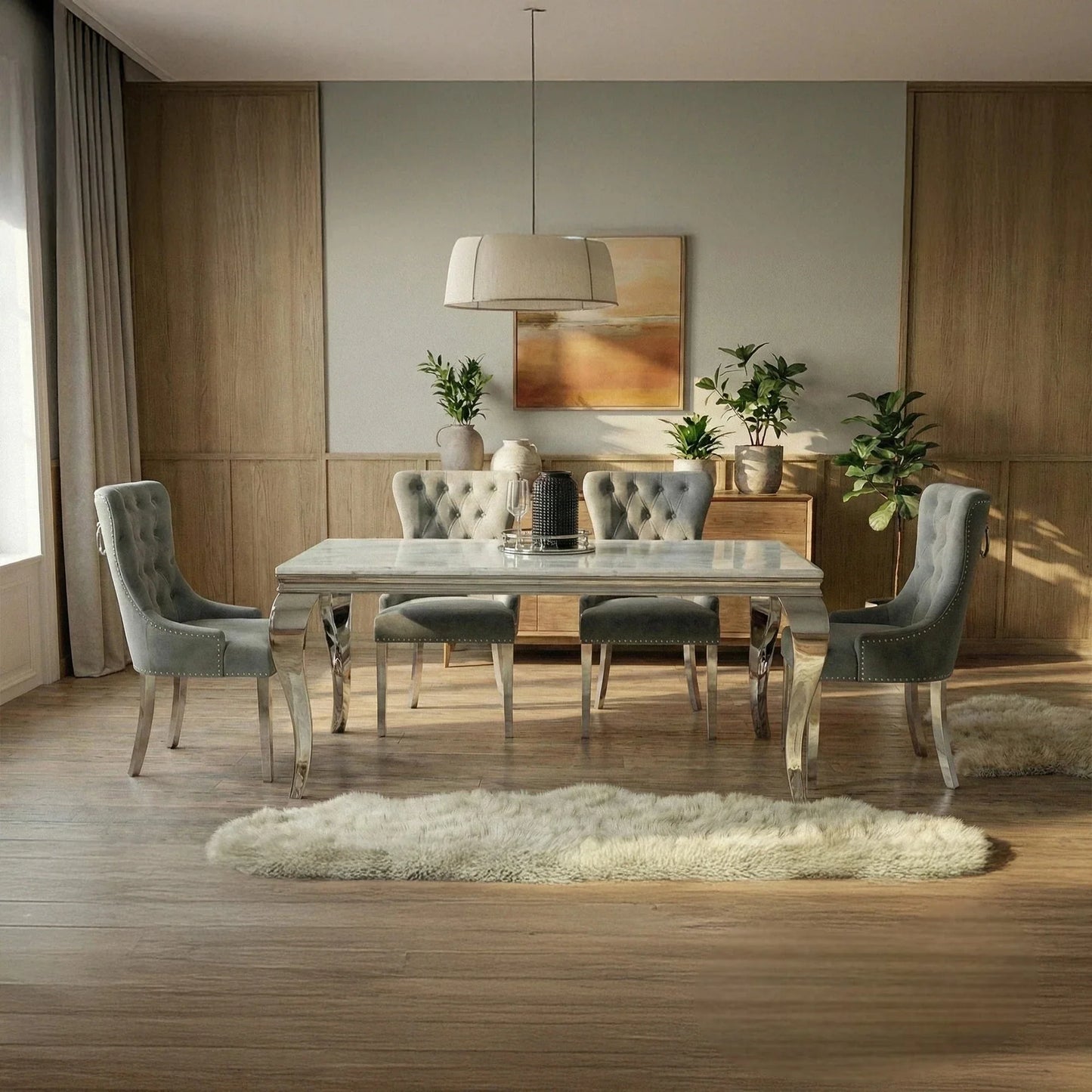 Luxury  Lorens 1.8m White Marble Chrome Dining Set Table With Megan Dark Grey Velvet Chairs