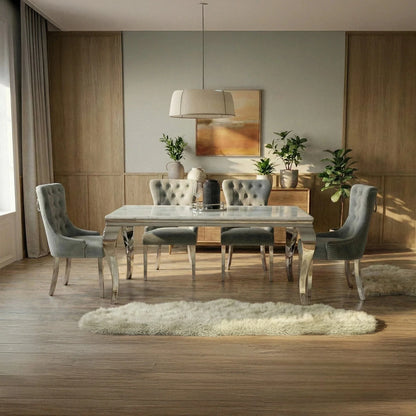 Luxury  Lorens 1.8m White Marble Chrome Dining Set Table With Megan Dark Grey Velvet Chairs