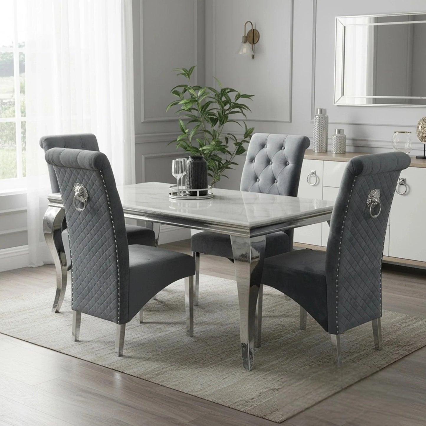 Luxury  Lorens 1.8m White Marble Chrome Dining Set Table With Einar Dark Grey Velvet Chairs
