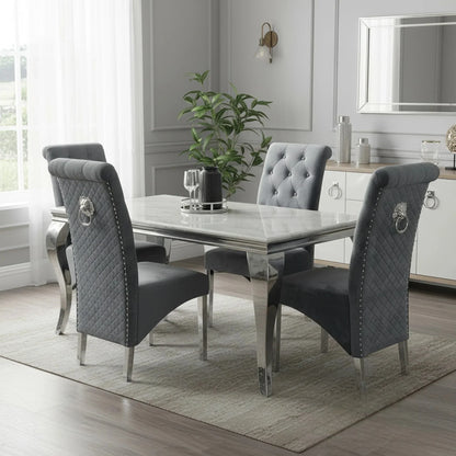 Luxury  Lorens 1.8m White Marble Chrome Dining Set Table With Einar Dark Grey Velvet Chairs