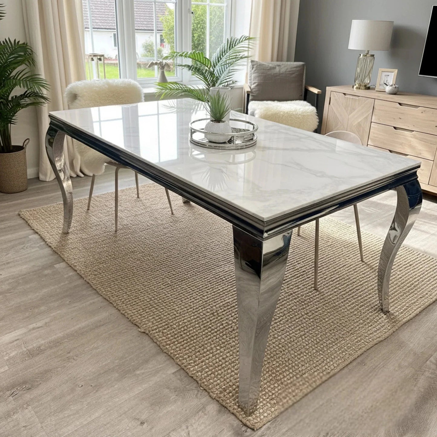 Luxury  Lorens 1.8m White Marble Chrome Dining Set Table With Einar Dark Grey Velvet Chairs