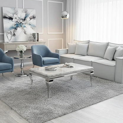 Luxury Lorens 130cm Chrome Coffee Table With Light Grey Marble Top And Curved Leg Design