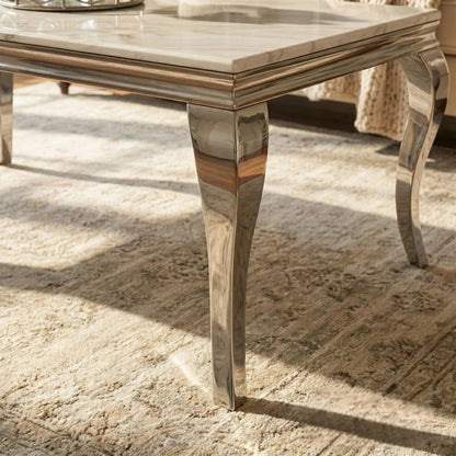 Luxury Lorens 130cm Chrome Coffee Table With White Marble Top And Curved Leg Design