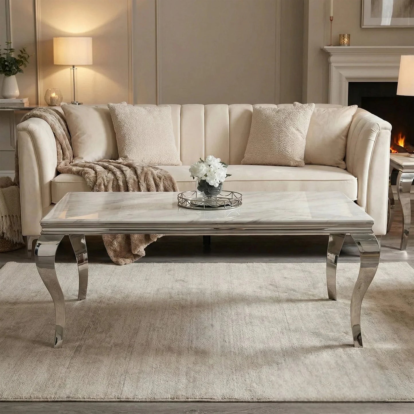 Luxury Lorens 130cm Chrome Coffee Table With White Marble Top And Curved Leg Design
