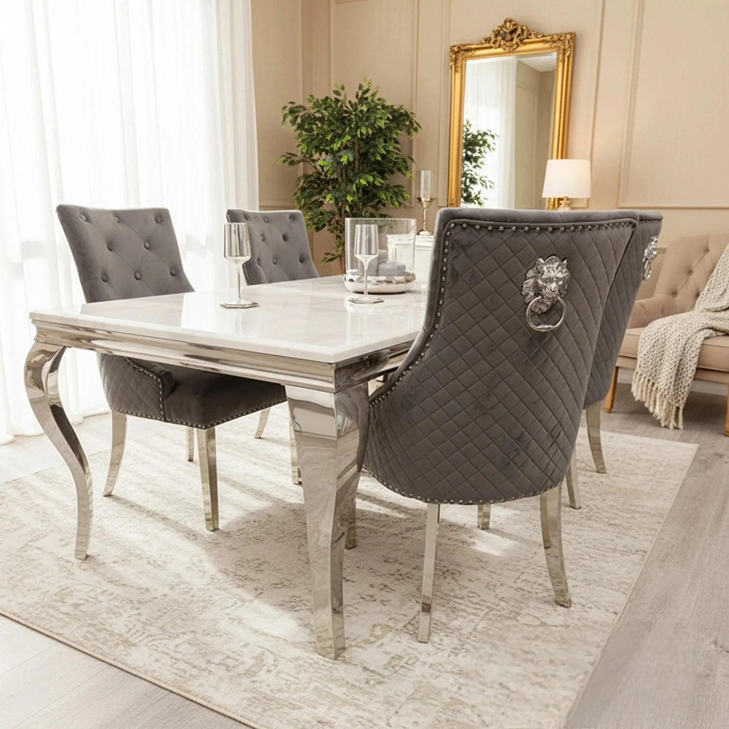 Luxury Lorens 160cm Marble Dining Table With Chrome 4-Leg Base