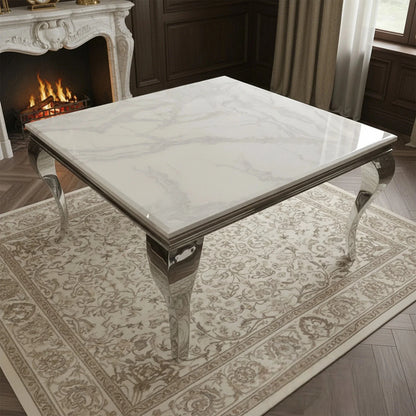 Luxury Lorens 1m Square Chrome Dining Set White Marble Table With 4 Oskar Dark Grey Velvet Chairs