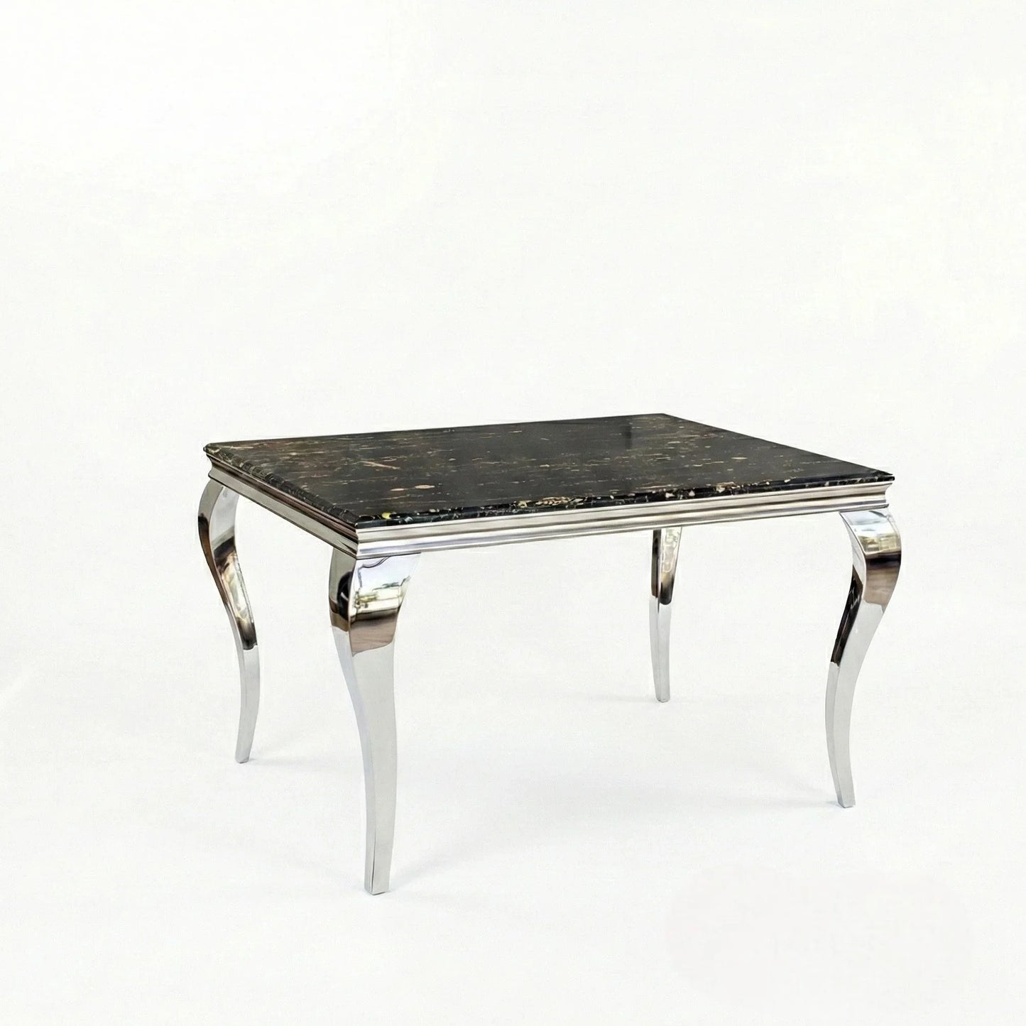 Luxury Lorens 1m Square Gold Black Marble Chrome Dining Set Table With 4 Niklas Leather Chairs