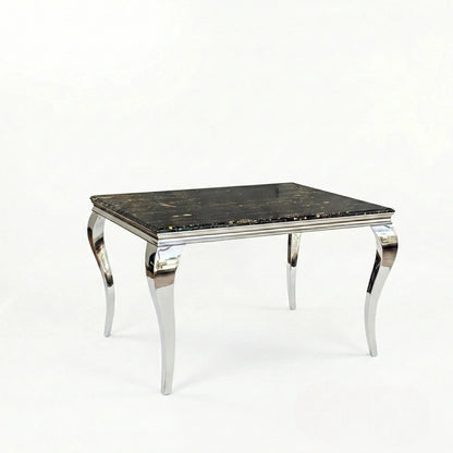Luxury Lorens 1m Square Gold Black Marble Chrome Dining Set Table With 4 Niklas Leather Chairs