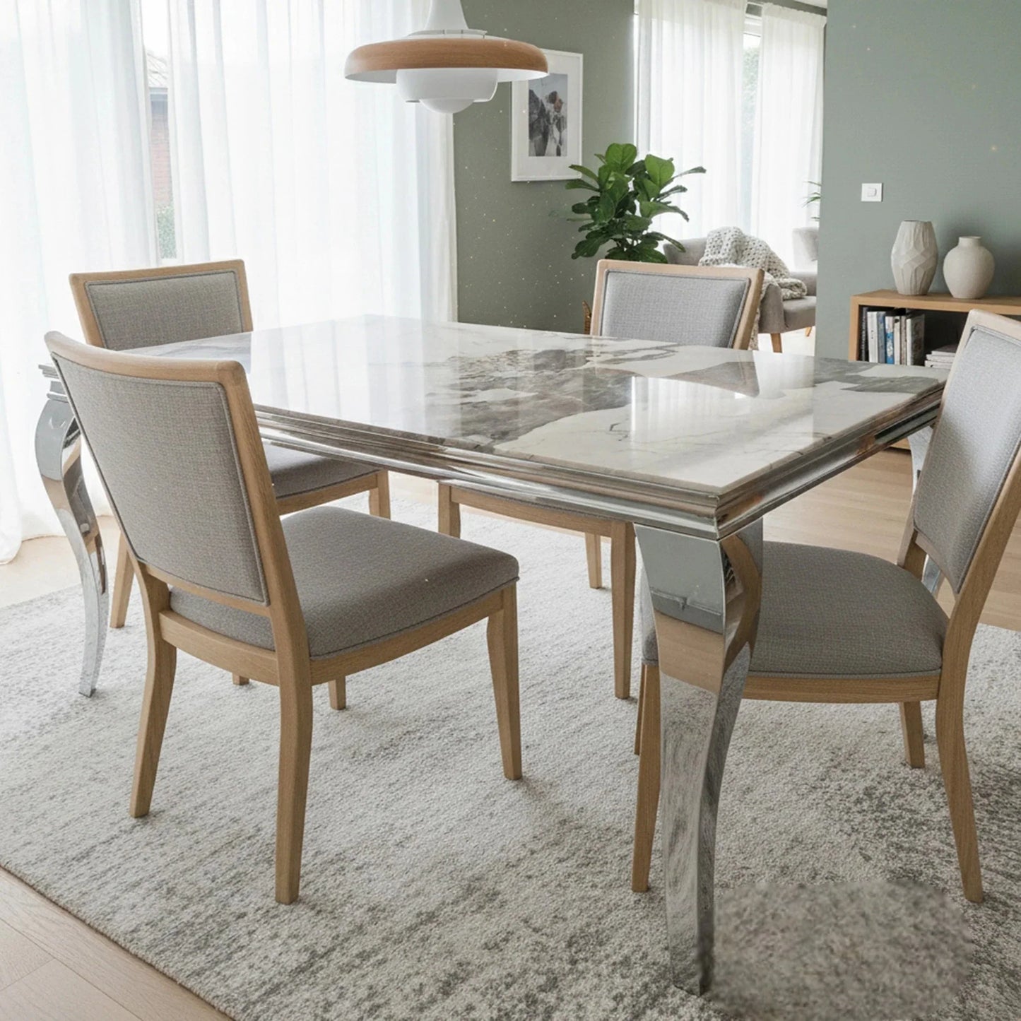 Luxury Lorens 200cm Marble Dining Table in Cream/Beige With Chrome 4-Leg Base